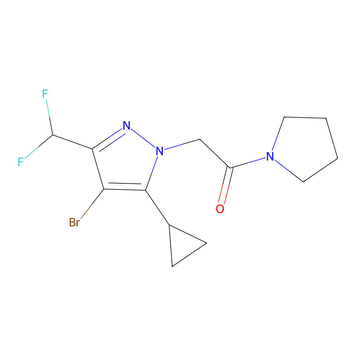 2-[4-Bromo-5-cyclopropyl-3-(difluoromethyl)pyrazol-1-yl]-1-pyrrolidin-1-ylethanone molecular structure, CAS 1005644-36-9