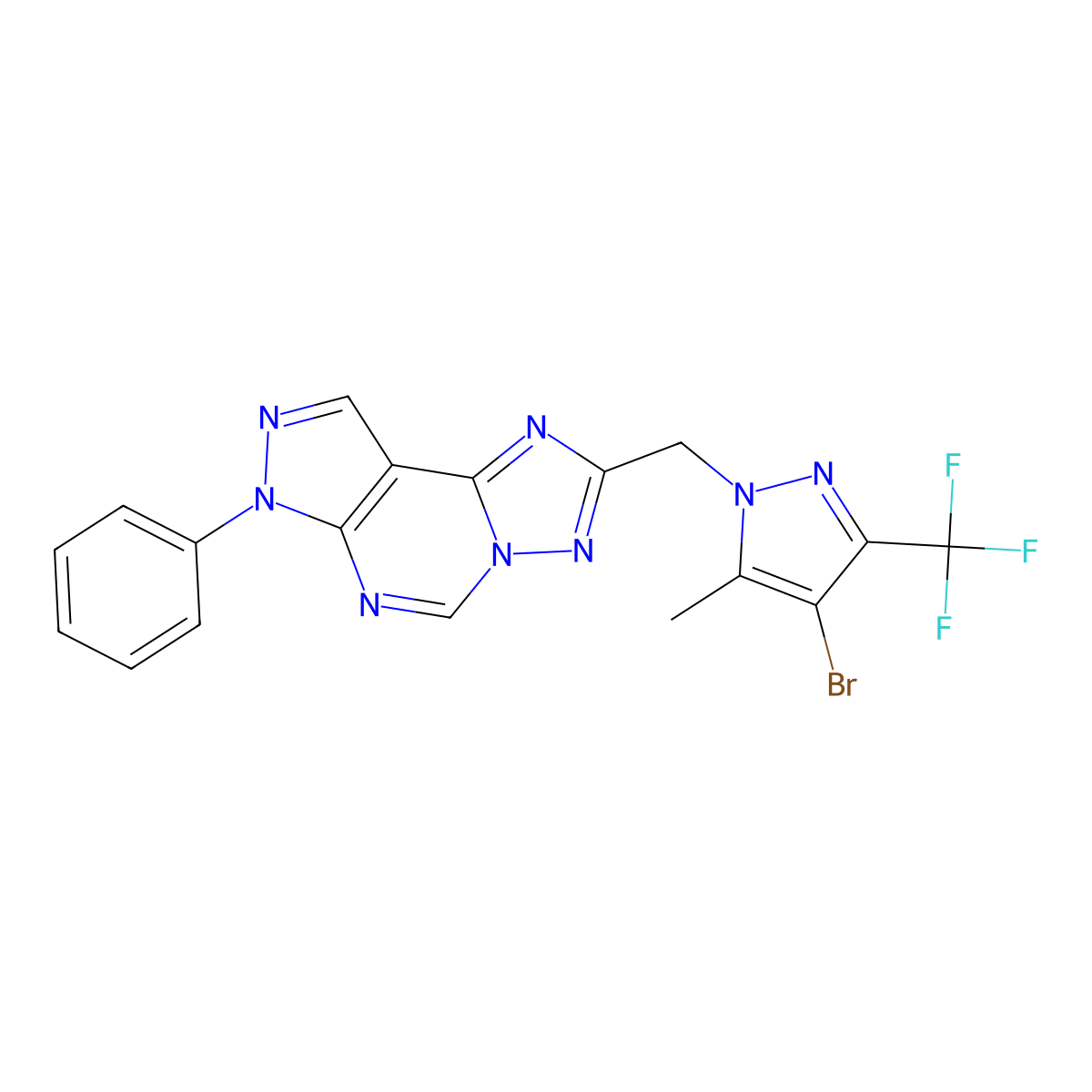 2-{[4-bromo-5-methyl-3-(trifluoromethyl)-1H-pyrazol-1-yl]methyl}-7-phenyl-7H-pyrazolo[4,3-e][1,2,4]triazolo[1,5-c]pyrimidine molecular structure, CAS 1005644-46-1