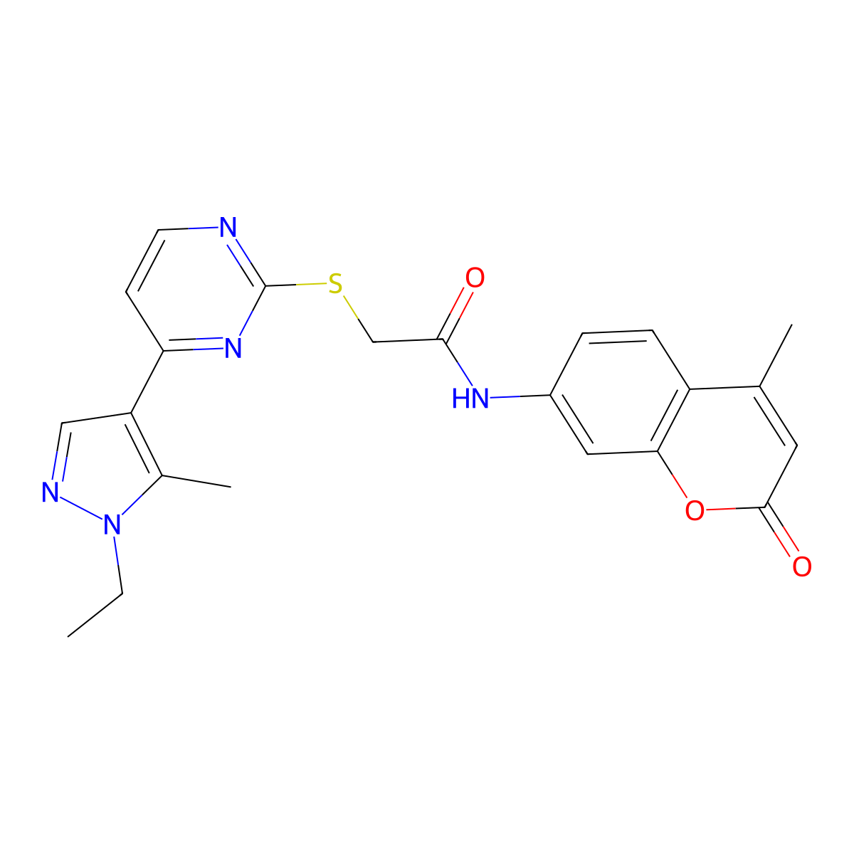 2-{[4-(1-ethyl-5-methyl-1H-pyrazol-4-yl)pyrimidin-2-yl]sulfanyl}-N-(4-methyl-2-oxo-2H-chromen-7-yl)acetamide molecular structure, CAS 1005644-95-0