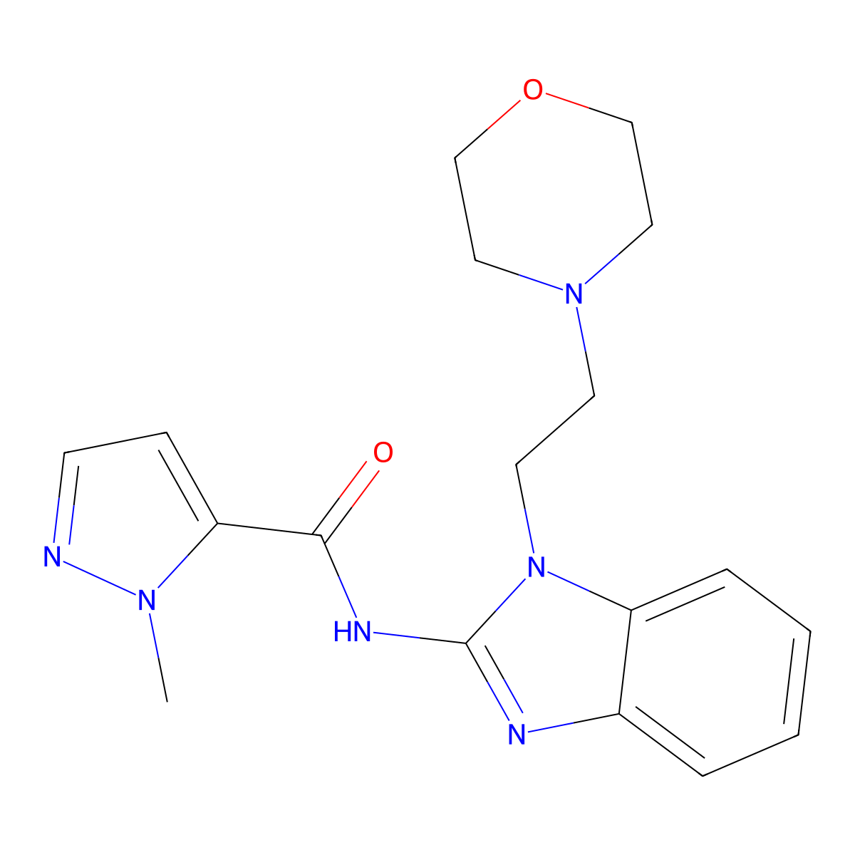 1-methyl-N-{1-[2-(morpholin-4-yl)ethyl]-1H-benzimidazol-2-yl}-1H-pyrazole-5-carboxamide molecular structure, CAS 1005645-19-1