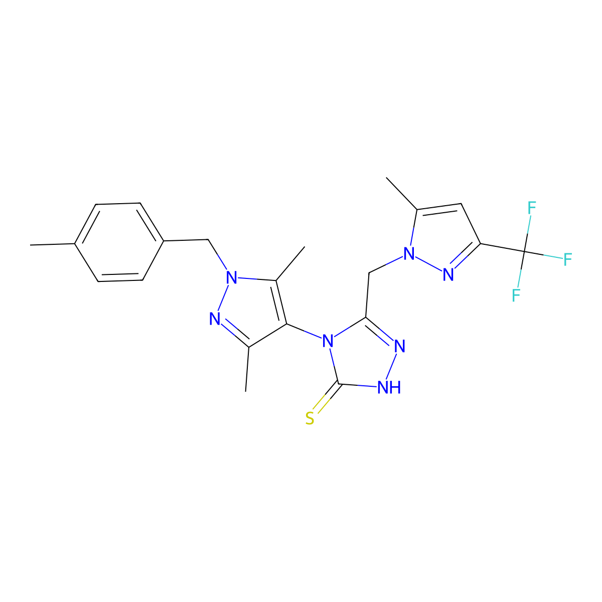 4-[3,5-dimethyl-1-(4-methylbenzyl)-1H-pyrazol-4-yl]-5-{[5-methyl-3-(trifluoromethyl)-1H-pyrazol-1-yl]methyl}-4H-1,2,4-triazole-3-thiol molecular structure, CAS 1005645-30-6
