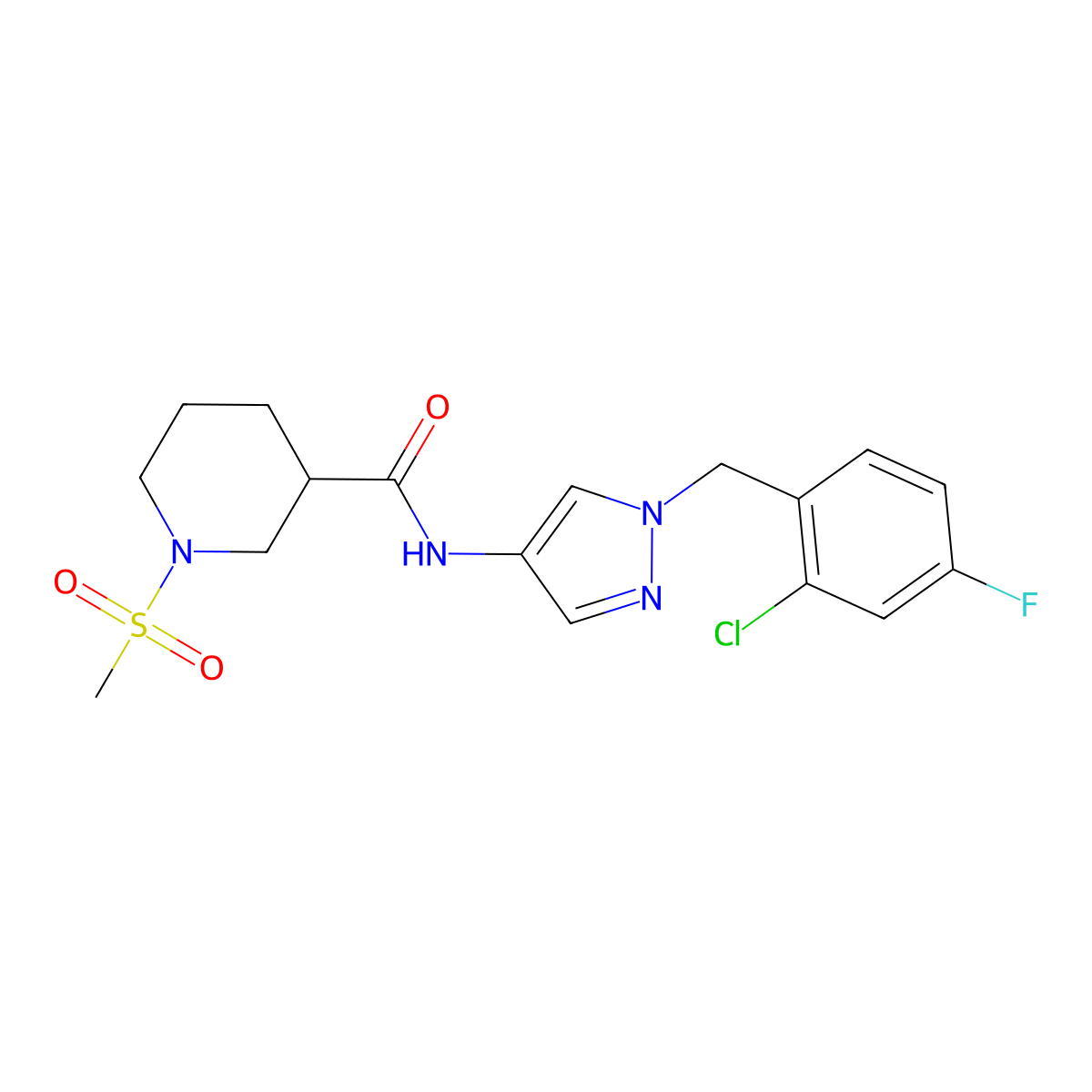N-[1-(2-chloro-4-fluorobenzyl)-1H-pyrazol-4-yl]-1-(methylsulfonyl)piperidine-3-carboxamide molecular structure, CAS 1005645-31-7