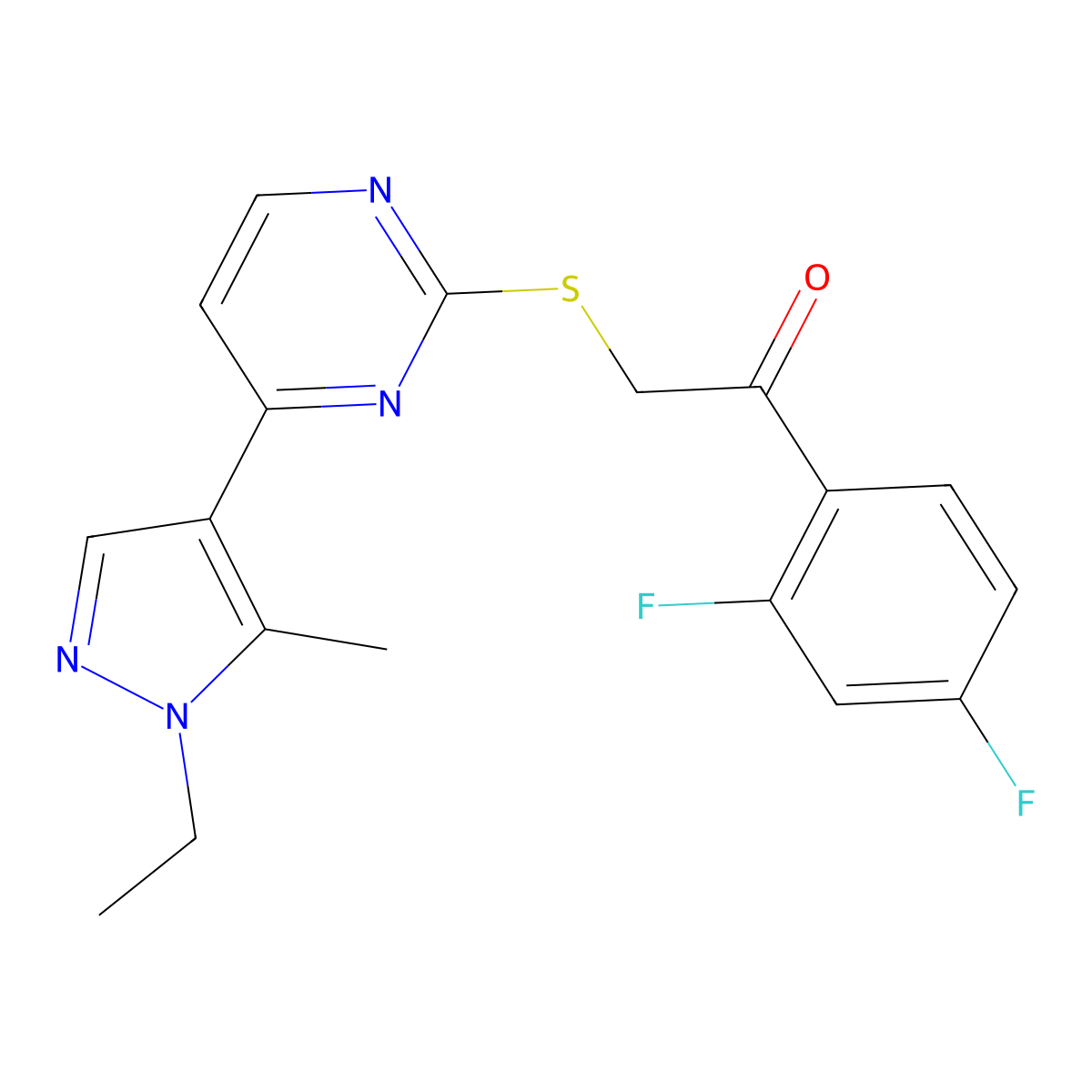 1-(2,4-difluorophenyl)-2-{[4-(1-ethyl-5-methyl-1H-pyrazol-4-yl)pyrimidin-2-yl]sulfanyl}ethanone molecular structure, CAS 1005645-79-3