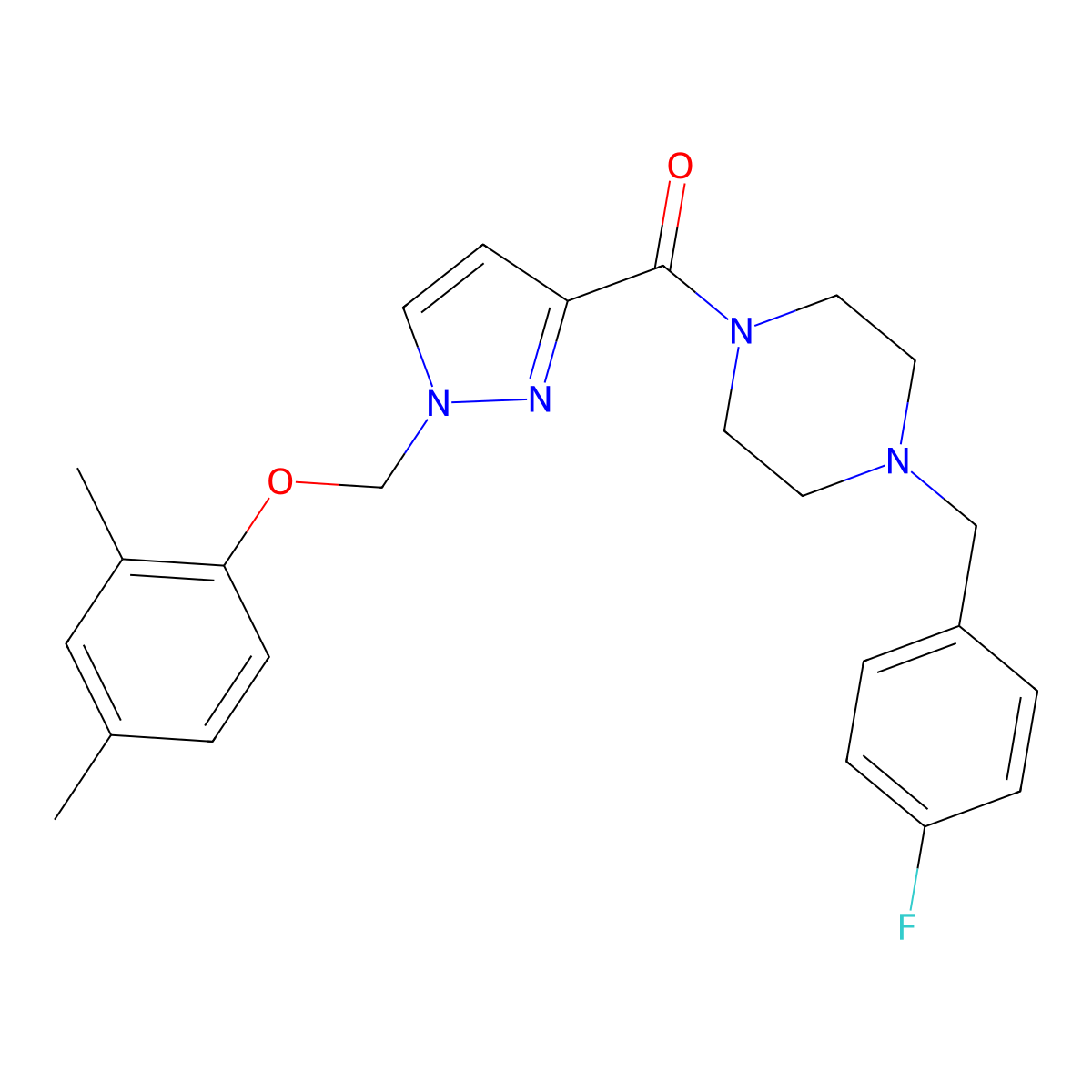 [1-[(2,4-Dimethylphenoxy)methyl]pyrazol-3-yl]-[4-[(4-fluorophenyl)methyl]piperazin-1-yl]methanone molecular structure, CAS 1005645-83-9