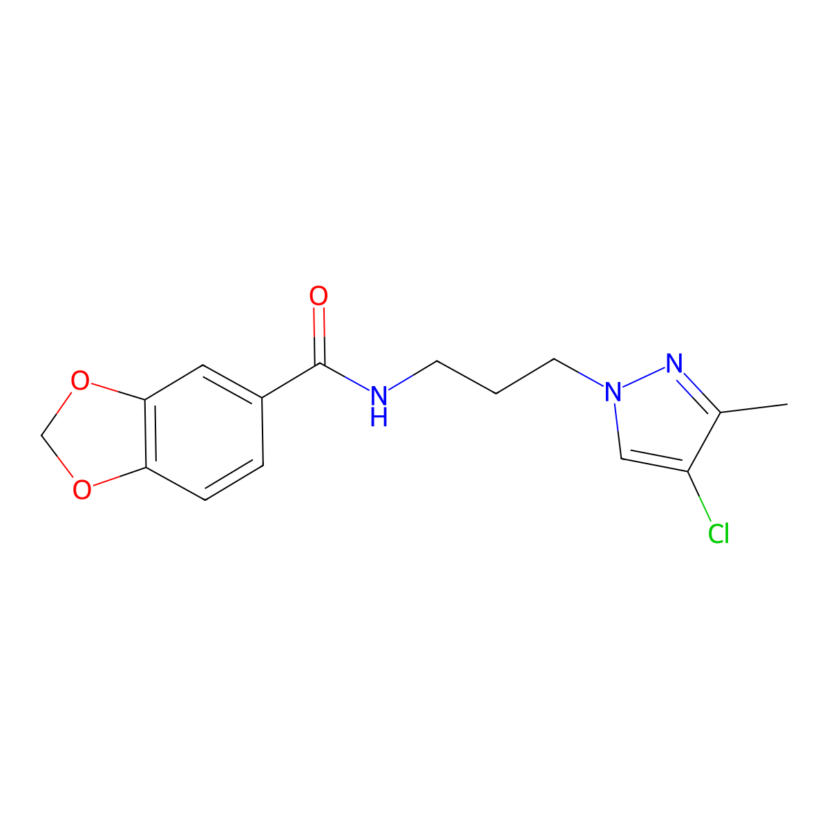 N-[3-(4-chloro-3-methylpyrazol-1-yl)propyl]-1,3-benzodioxole-5-carboxamide molecular structure, CAS 1005645-97-5
