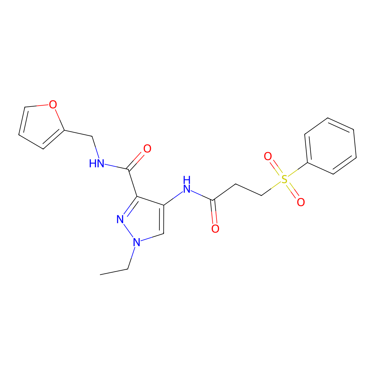 1-ethyl-N-(furan-2-ylmethyl)-4-{[3-(phenylsulfonyl)propanoyl]amino}-1H-pyrazole-3-carboxamide molecular structure, CAS 1005646-21-8