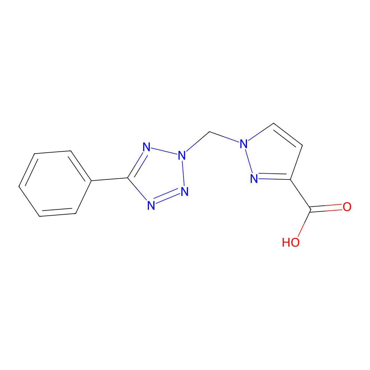 1-((5-Phenyl-2H-tetrazol-2-yl)methyl)-1H-pyrazole-3-carboxylic acid molecular structure, CAS 1005646-64-9
