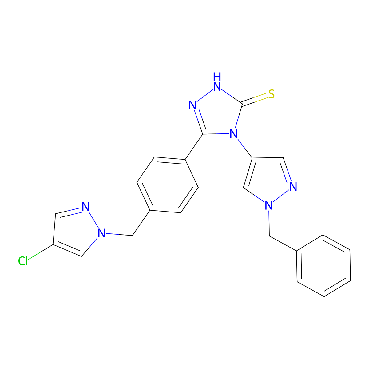 4-(1-benzyl-1H-pyrazol-4-yl)-5-{4-[(4-chloro-1H-pyrazol-1-yl)methyl]phenyl}-4H-1,2,4-triazole-3-thiol molecular structure, CAS 1005646-93-4