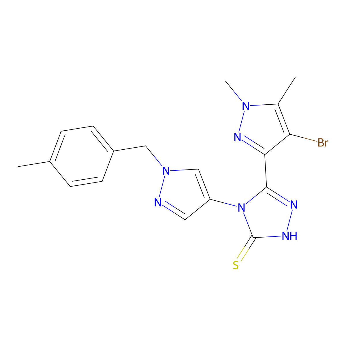 5-(4-bromo-1,5-dimethyl-1H-pyrazol-3-yl)-4-[1-(4-methylbenzyl)-1H-pyrazol-4-yl]-4H-1,2,4-triazole-3-thiol molecular structure, CAS 1005647-15-3