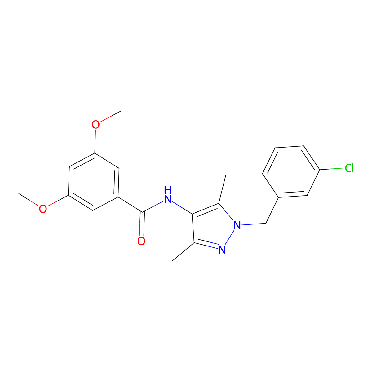 N-[1-[(3-chlorophenyl)methyl]-3,5-dimethylpyrazol-4-yl]-3,5-dimethoxybenzamide molecular structure, CAS 1005647-20-0