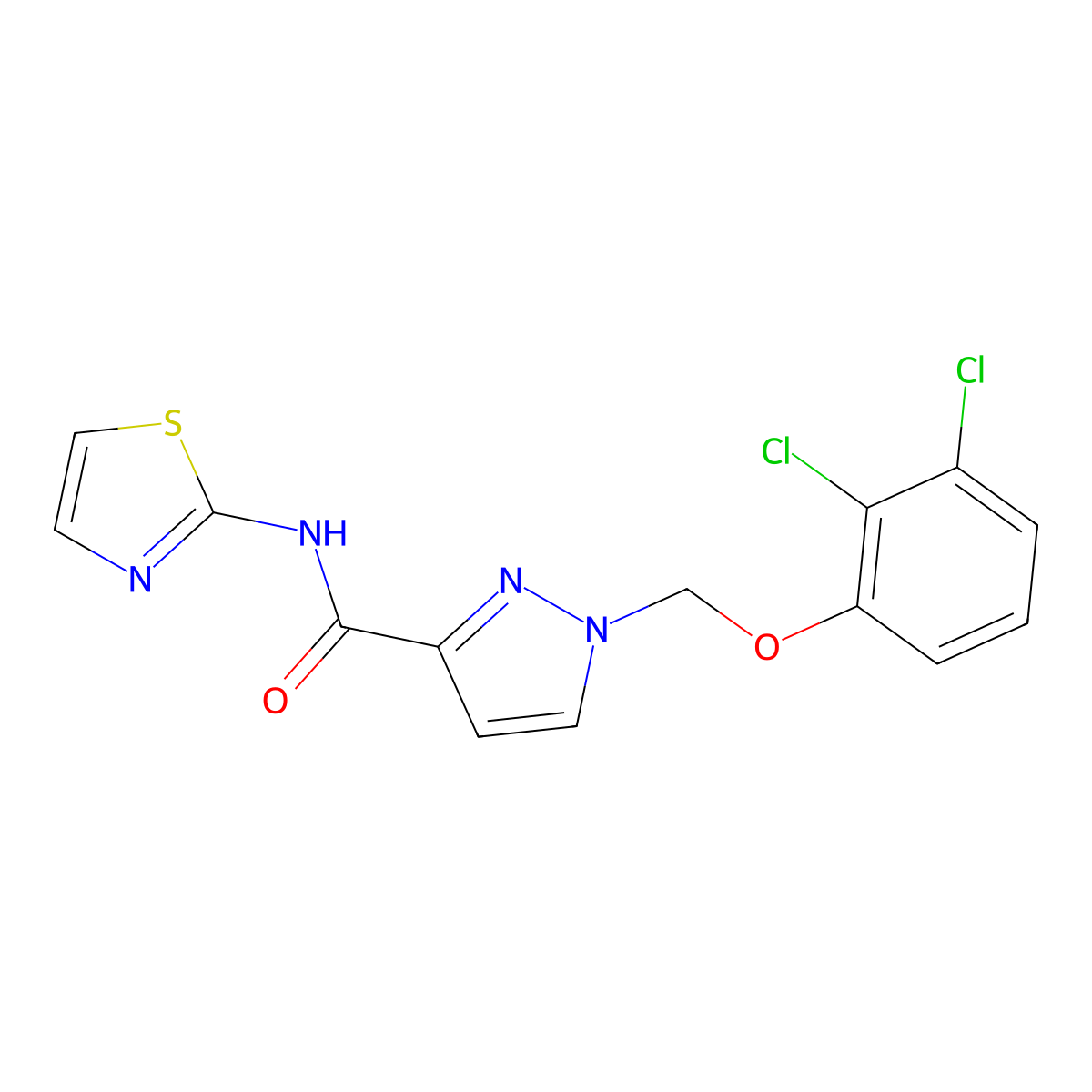 1-[(2,3-dichlorophenoxy)methyl]-N-(1,3-thiazol-2-yl)pyrazole-3-carboxamide molecular structure, CAS 1005647-96-0