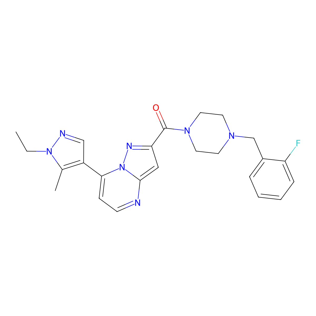 [7-(1-Ethyl-5-methylpyrazol-4-yl)pyrazolo[1,5-a]pyrimidin-2-yl]-[4-[(2-fluorophenyl)methyl]piperazin-1-yl]methanone molecular structure, CAS 1005648-00-9