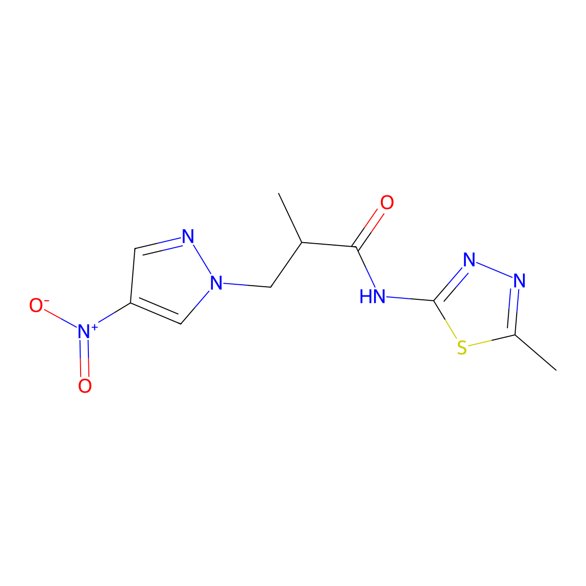 2-methyl-N-(5-methyl-1,3,4-thiadiazol-2-yl)-3-(4-nitropyrazol-1-yl)propanamide molecular structure, CAS 1005648-29-2