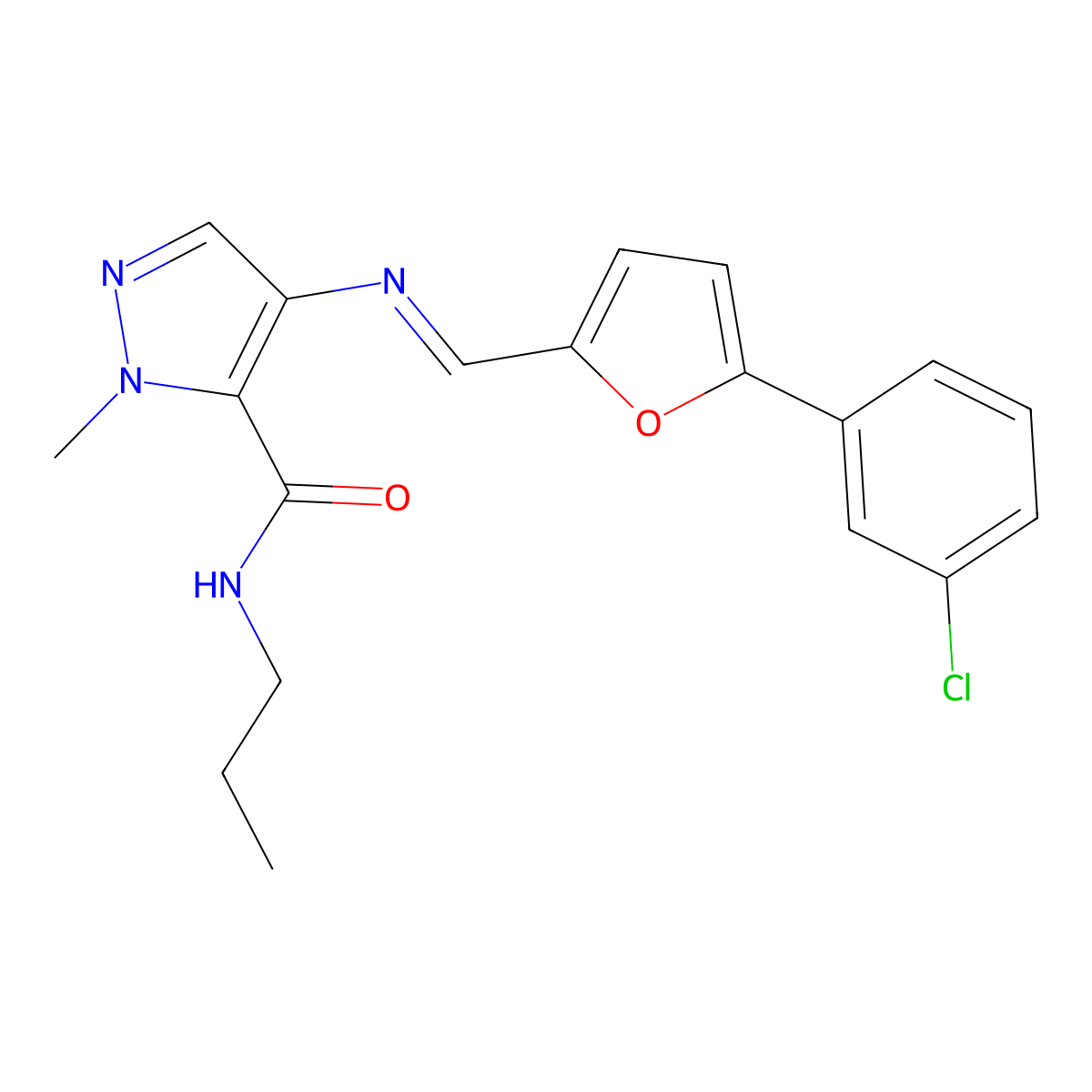4-({(E)-[5-(3-chlorophenyl)furan-2-yl]methylidene}amino)-1-methyl-N-propyl-1H-pyrazole-5-carboxamide molecular structure, CAS 1005649-04-6