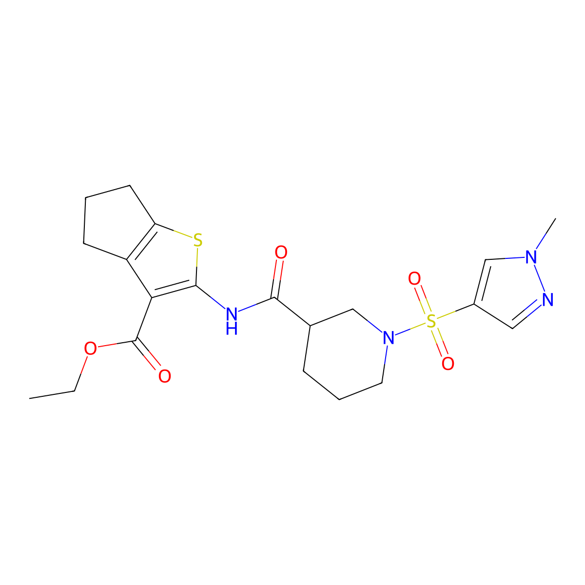 ethyl 2-[({1-[(1-methyl-1H-pyrazol-4-yl)sulfonyl]piperidin-3-yl}carbonyl)amino]-5,6-dihydro-4H-cyclopenta[b]thiophene-3-carboxylate molecular structure, CAS 1005649-07-9