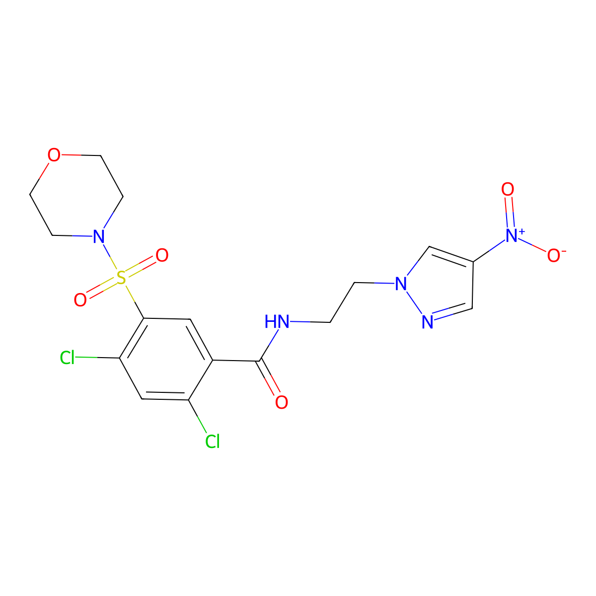 2,4-dichloro-5-morpholin-4-ylsulfonyl-N-[2-(4-nitropyrazol-1-yl)ethyl]benzamide molecular structure, CAS 1005649-74-0