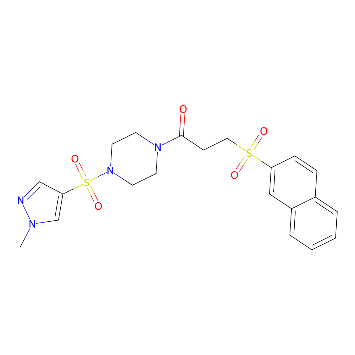 1-{4-[(1-methyl-1H-pyrazol-4-yl)sulfonyl]piperazin-1-yl}-3-(naphthalen-2-ylsulfonyl)propan-1-one molecular structure, CAS 1005649-86-4