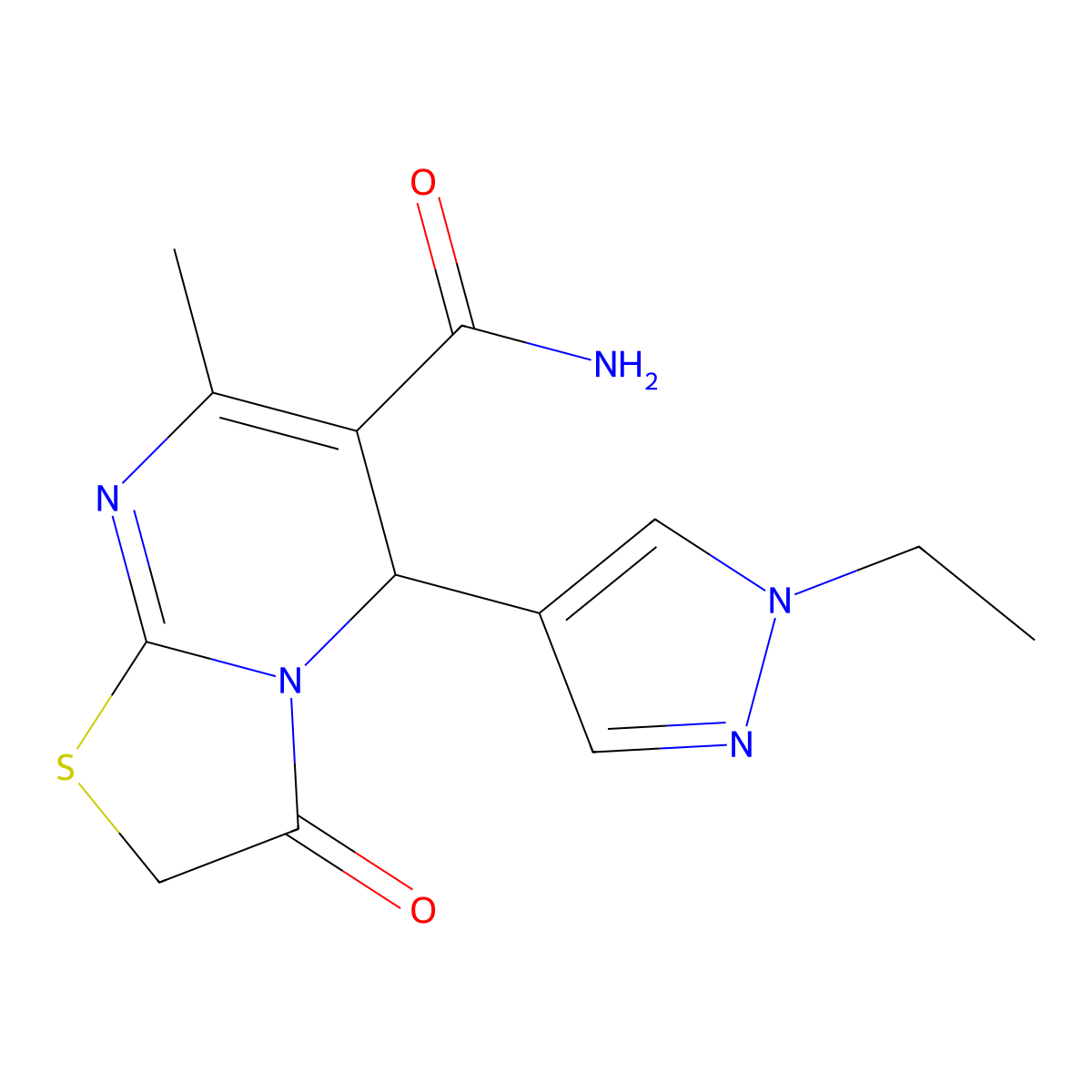 5-(1-ethyl-1H-pyrazol-4-yl)-7-methyl-3-oxo-3,5-dihydro-2H-thiazolo[3,2-a]pyrimidine-6-carboxamide molecular structure, CAS 1005650-00-9