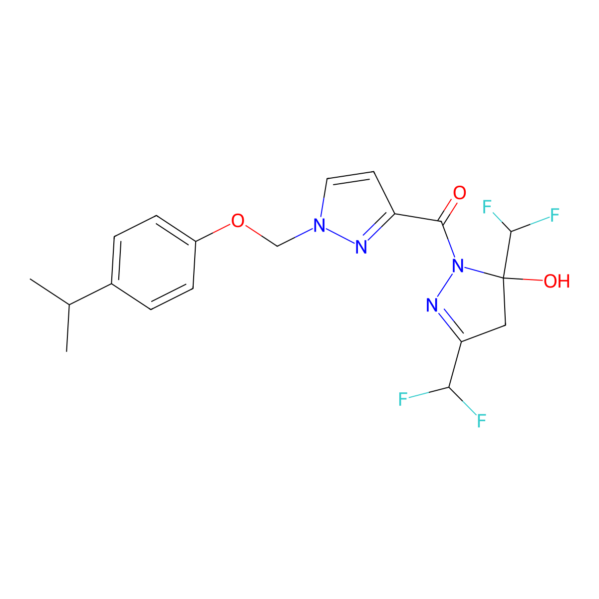 [3,5-bis(difluoromethyl)-5-hydroxy-4,5-dihydro-1H-pyrazol-1-yl](1-{[4-(propan-2-yl)phenoxy]methyl}-1H-pyrazol-3-yl)methanone molecular structure, CAS 1005650-03-2