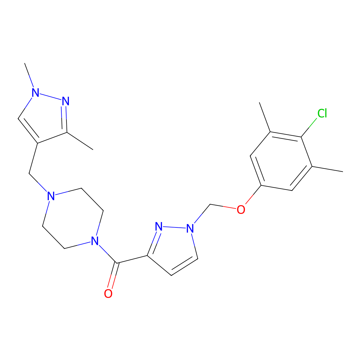 {1-[(4-chloro-3,5-dimethylphenoxy)methyl]-1H-pyrazol-3-yl}{4-[(1,3-dimethyl-1H-pyrazol-4-yl)methyl]piperazin-1-yl}methanone molecular structure, CAS 1005650-33-8