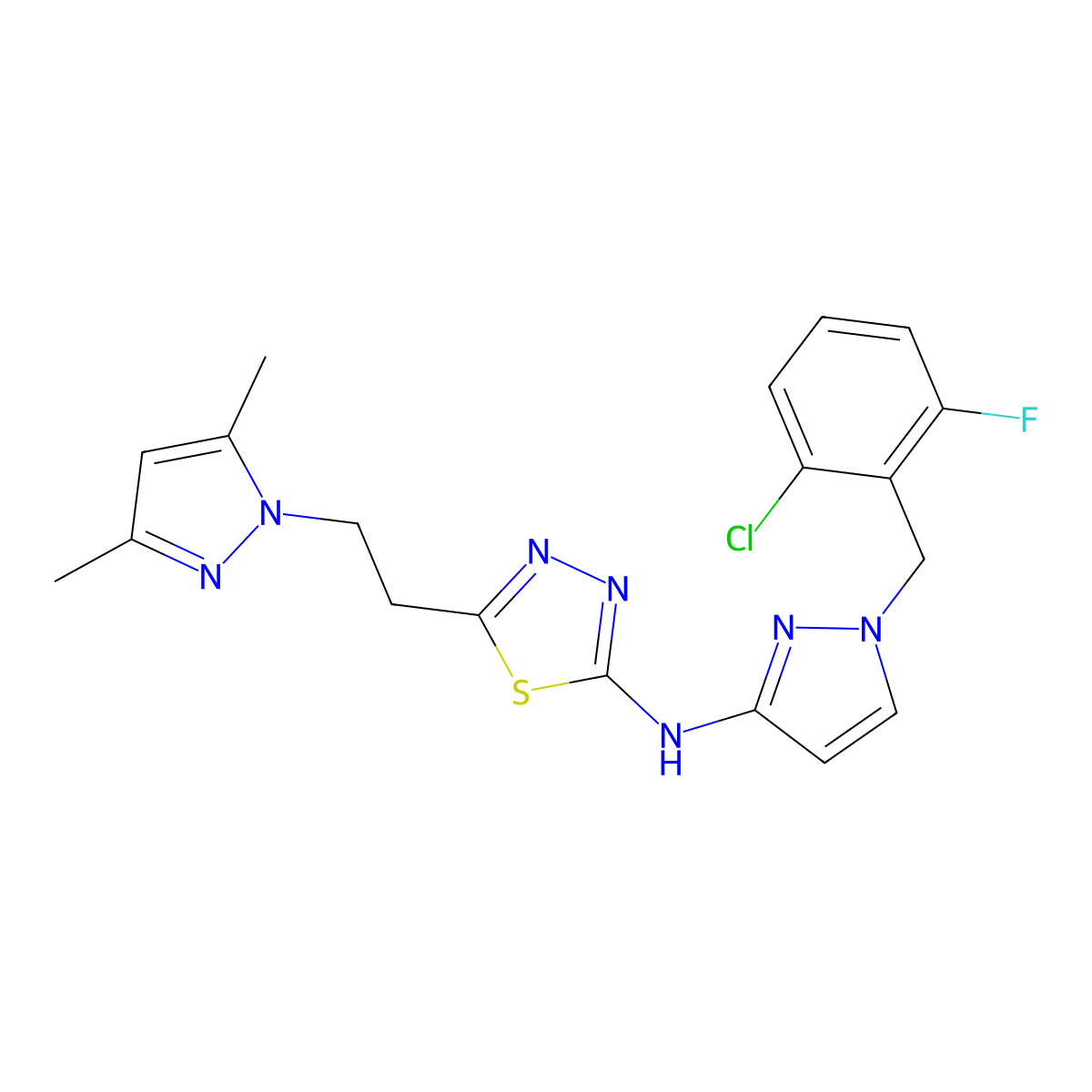 N-[1-(2-chloro-6-fluorobenzyl)-1H-pyrazol-3-yl]-5-[2-(3,5-dimethyl-1H-pyrazol-1-yl)ethyl]-1,3,4-thiadiazol-2-amine molecular structure, CAS 1005650-62-3
