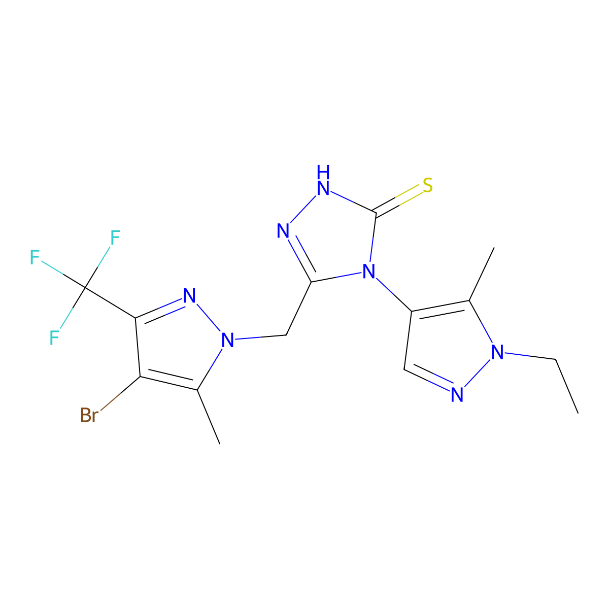 3-[[4-bromo-5-methyl-3-(trifluoromethyl)pyrazol-1-yl]methyl]-4-(1-ethyl-5-methylpyrazol-4-yl)-1H-1,2,4-triazole-5-thione molecular structure, CAS 1005650-76-9