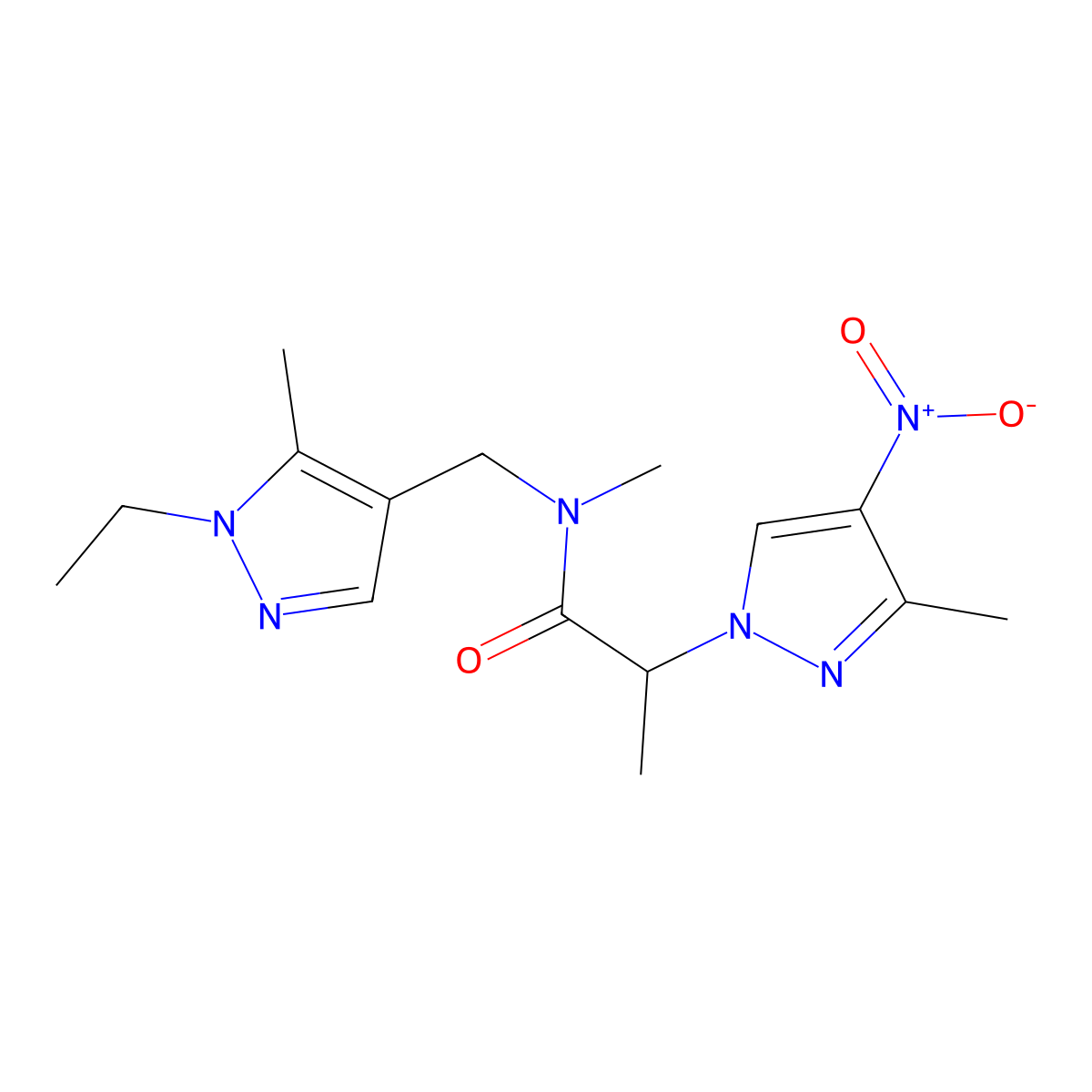 N-[(1-ethyl-5-methylpyrazol-4-yl)methyl]-N-methyl-2-(3-methyl-4-nitropyrazol-1-yl)propanamide molecular structure, CAS 1005650-88-3