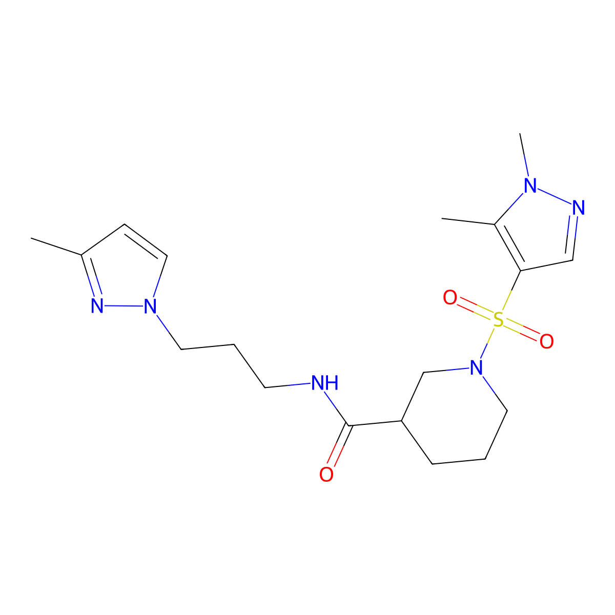 1-[(1,5-dimethyl-1H-pyrazol-4-yl)sulfonyl]-N-[3-(3-methyl-1H-pyrazol-1-yl)propyl]piperidine-3-carboxamide molecular structure, CAS 1005650-91-8