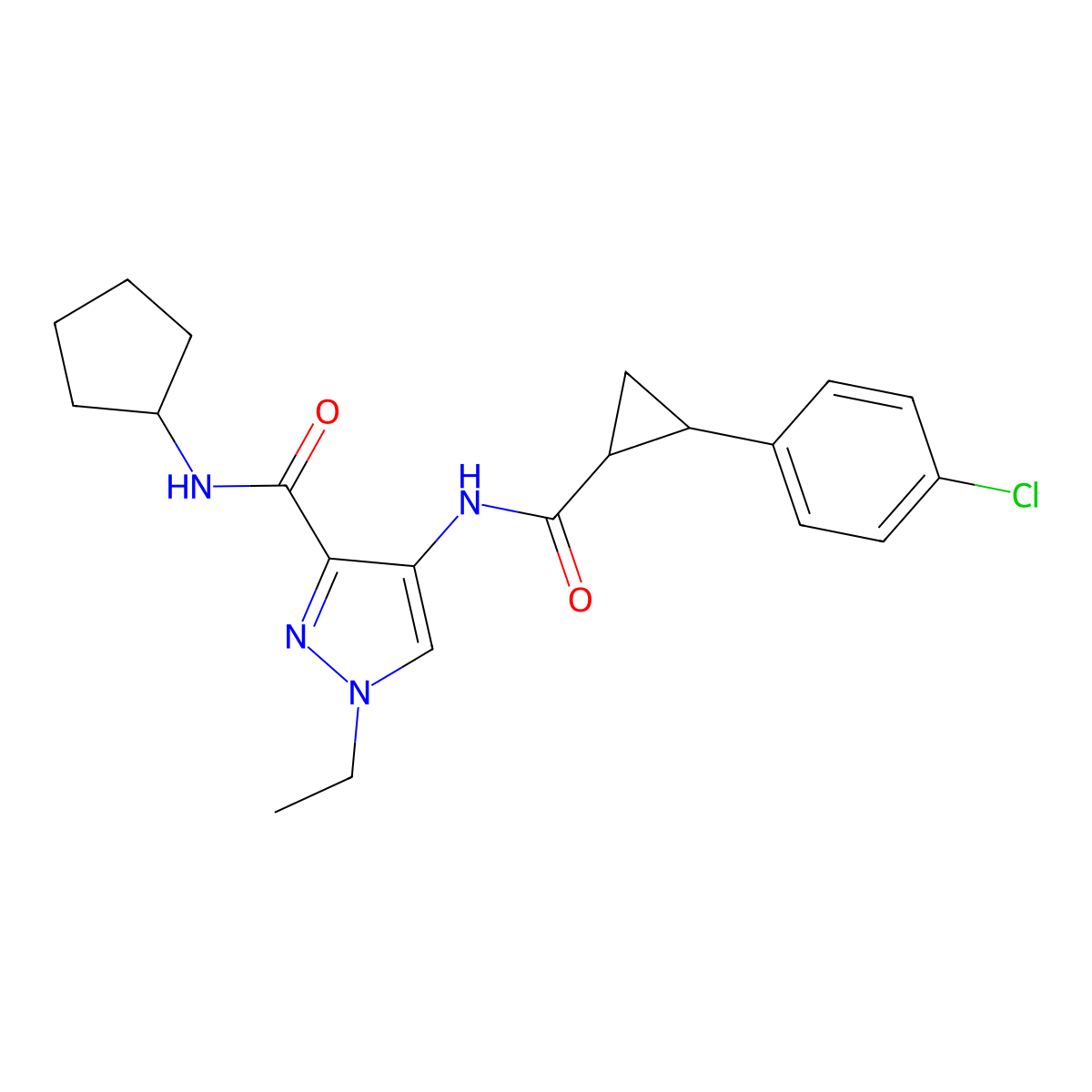 4-({[2-(4-chlorophenyl)cyclopropyl]carbonyl}amino)-N-cyclopentyl-1-ethyl-1H-pyrazole-3-carboxamide molecular structure, CAS 1005651-09-1