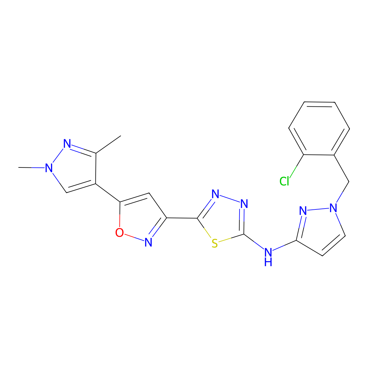 N-[1-(2-chlorobenzyl)-1H-pyrazol-3-yl]-5-[5-(1,3-dimethyl-1H-pyrazol-4-yl)-1,2-oxazol-3-yl]-1,3,4-thiadiazol-2-amine molecular structure, CAS 1005651-17-1