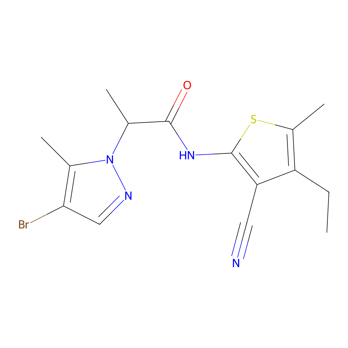2-(4-bromo-5-methyl-1H-pyrazol-1-yl)-N-(3-cyano-4-ethyl-5-methylthiophen-2-yl)propanamide molecular structure, CAS 1005651-27-3