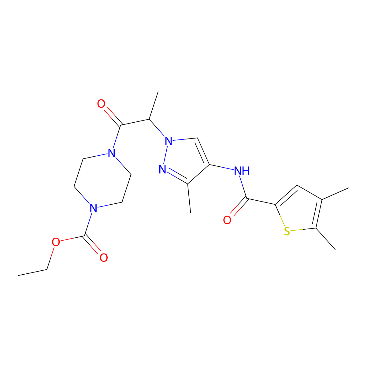 ethyl 4-[2-(4-{[(4,5-dimethylthiophen-2-yl)carbonyl]amino}-3-methyl-1H-pyrazol-1-yl)propanoyl]piperazine-1-carboxylate molecular structure, CAS 1005651-28-4