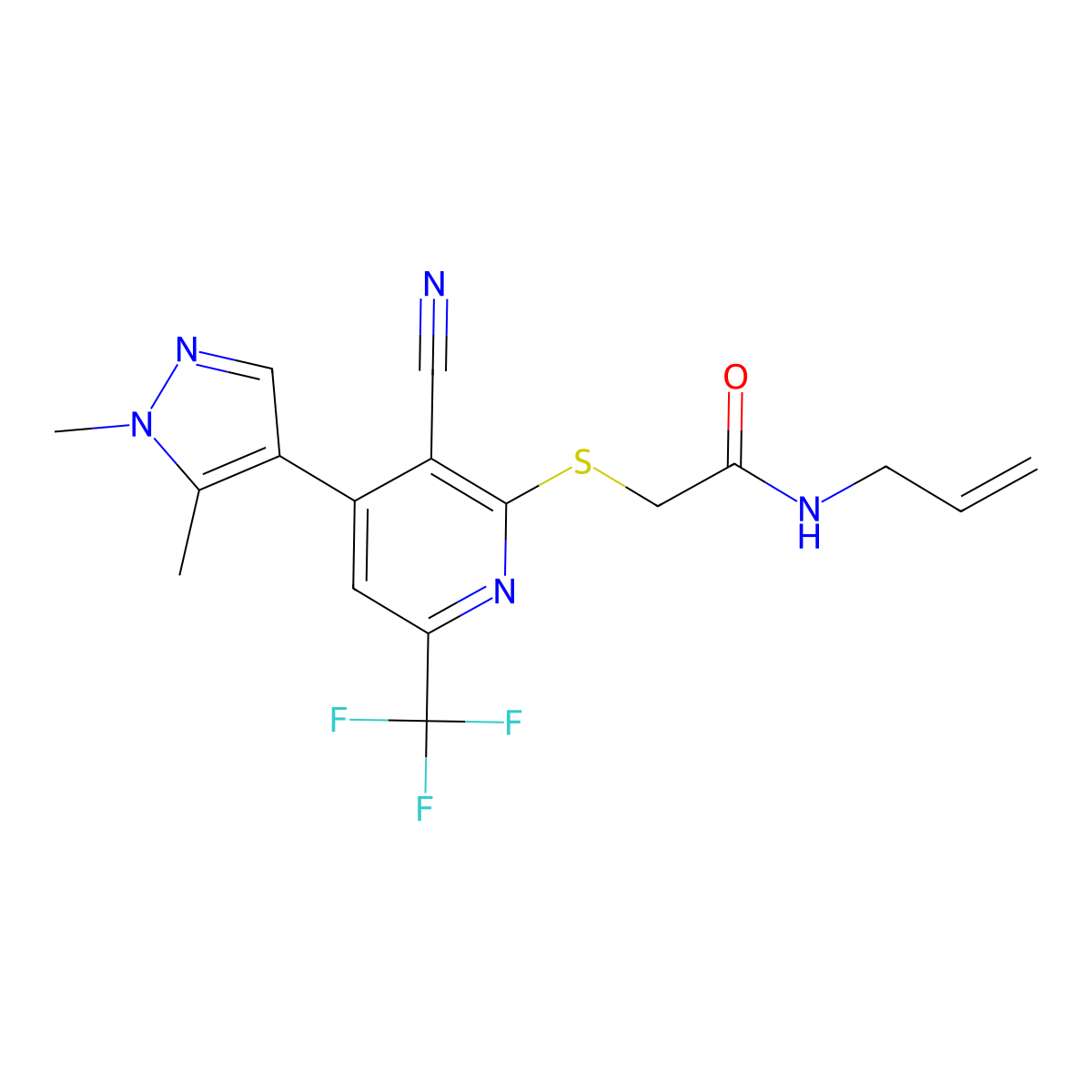 2-{[3-cyano-4-(1,5-dimethyl-1H-pyrazol-4-yl)-6-(trifluoromethyl)pyridin-2-yl]sulfanyl}-N-(prop-2-en-1-yl)acetamide molecular structure, CAS 1005651-38-6