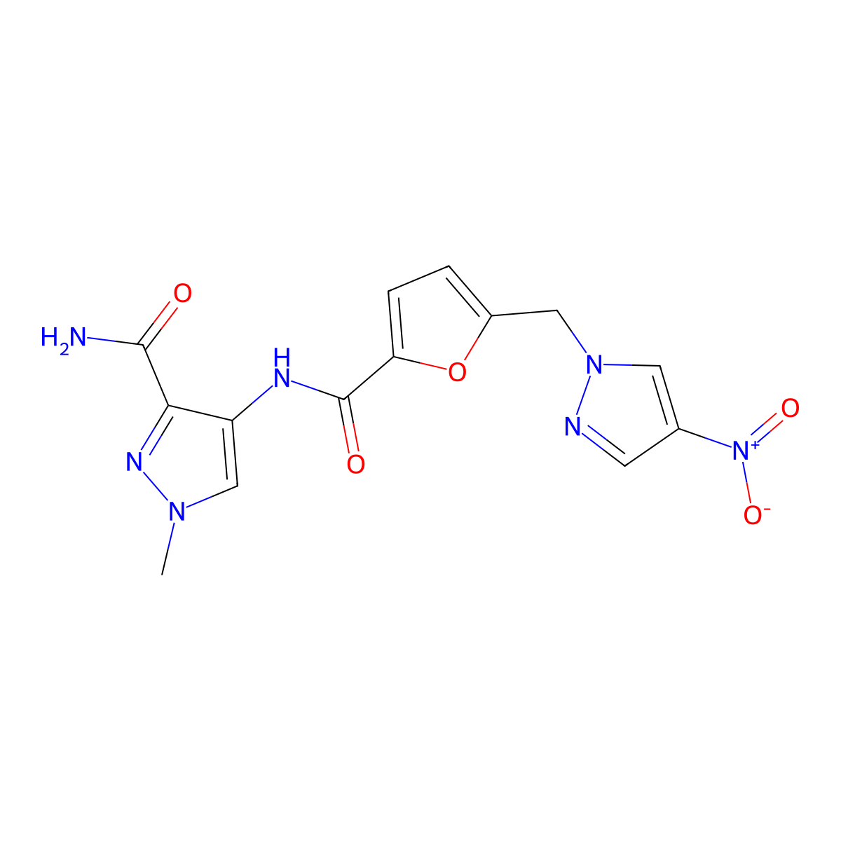 1-methyl-4-[({5-[(4-nitro-1H-pyrazol-1-yl)methyl]furan-2-yl}carbonyl)amino]-1H-pyrazole-3-carboxamide molecular structure, CAS 1005651-68-2