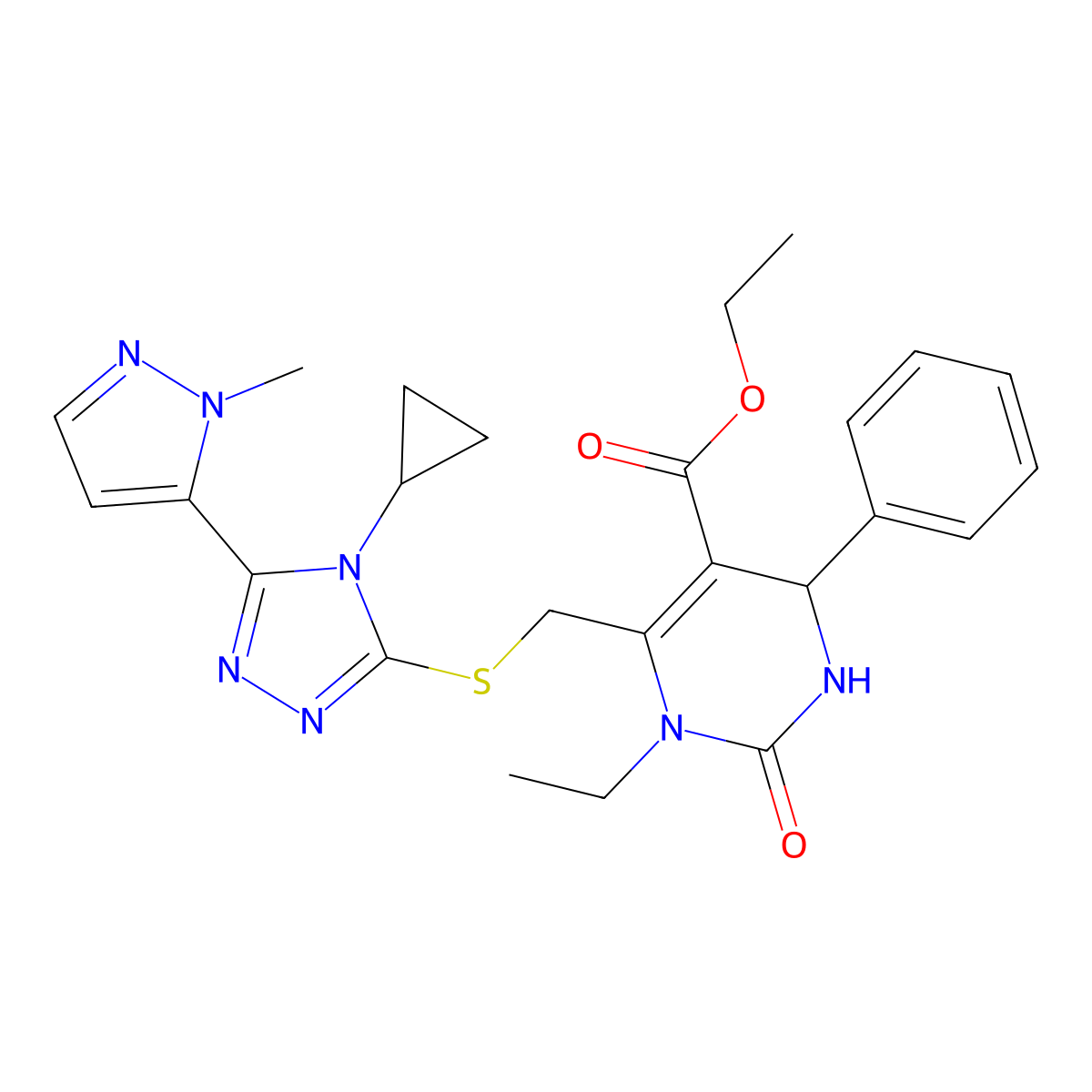 ethyl 6-({[4-cyclopropyl-5-(1-methyl-1H-pyrazol-5-yl)-4H-1,2,4-triazol-3-yl]sulfanyl}methyl)-1-ethyl-2-oxo-4-phenyl-1,2,3,4-tetrahydropyrimidine-5-carboxylate molecular structure, CAS 1005651-77-3
