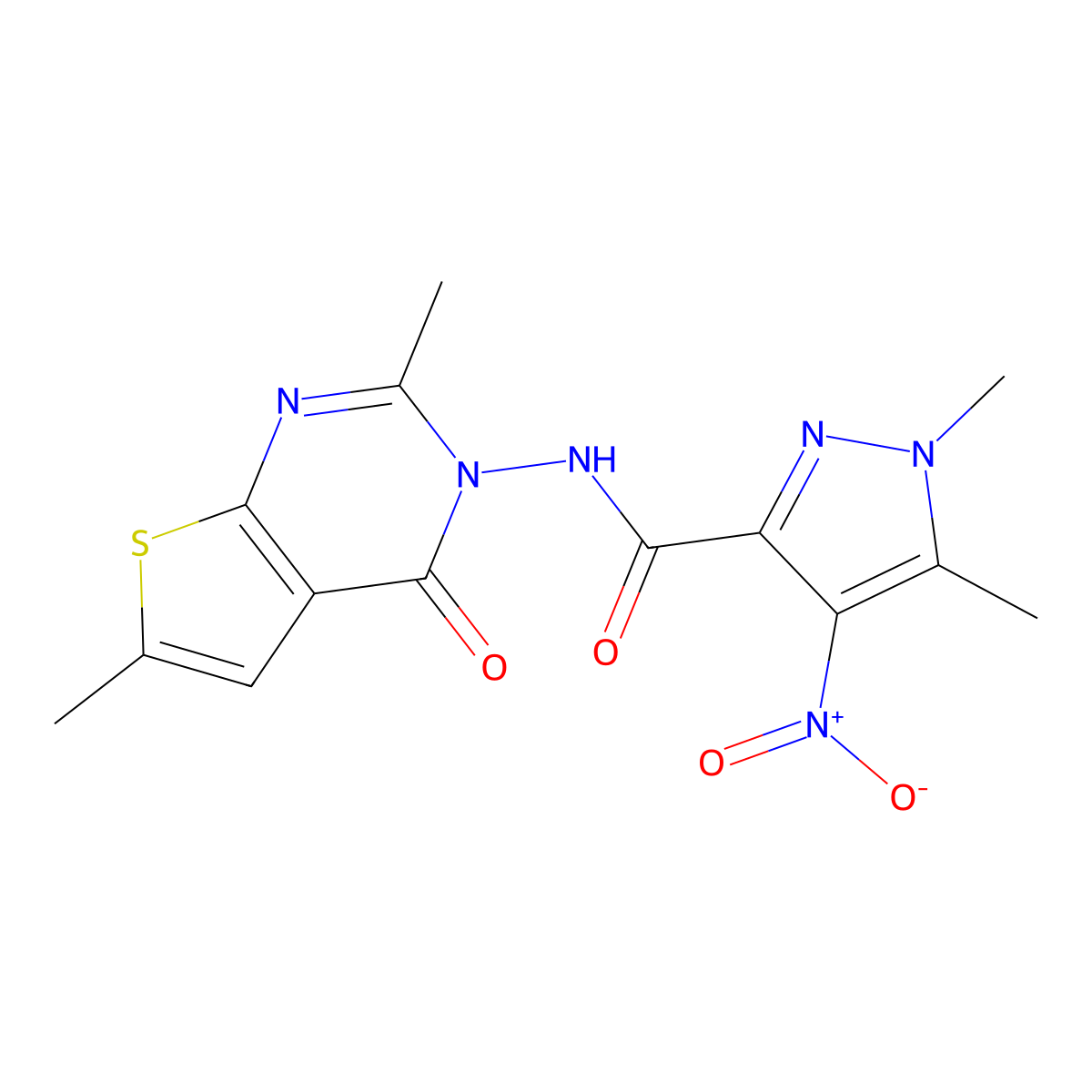 N-(2,6-dimethyl-4-oxothieno[2,3-d]pyrimidin-3(4H)-yl)-1,5-dimethyl-4-nitro-1H-pyrazole-3-carboxamide molecular structure, CAS 1005651-87-5