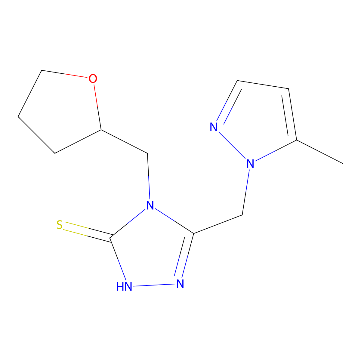 5-((5-Methyl-1H-pyrazol-1-yl)methyl)-4-((tetrahydrofuran-2-yl)methyl)-4H-1,2,4-triazole-3-thiol molecular structure, CAS 1005651-99-9