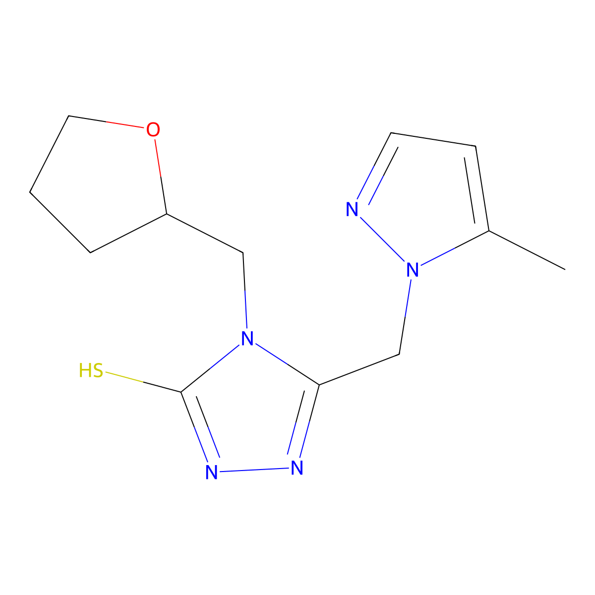 5-((5-Methyl-1H-pyrazol-1-yl)methyl)-4-((tetrahydrofuran-2-yl)methyl)-4H-1,2,4-triazole-3-thiol molecular structure, CAS 1005651-99-9