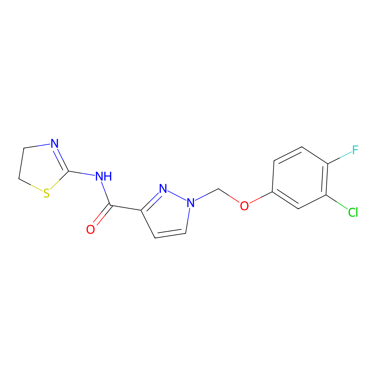 1-[(3-chloro-4-fluorophenoxy)methyl]-N-(4,5-dihydro-1,3-thiazol-2-yl)-1H-pyrazole-3-carboxamide molecular structure, CAS 1005652-12-9
