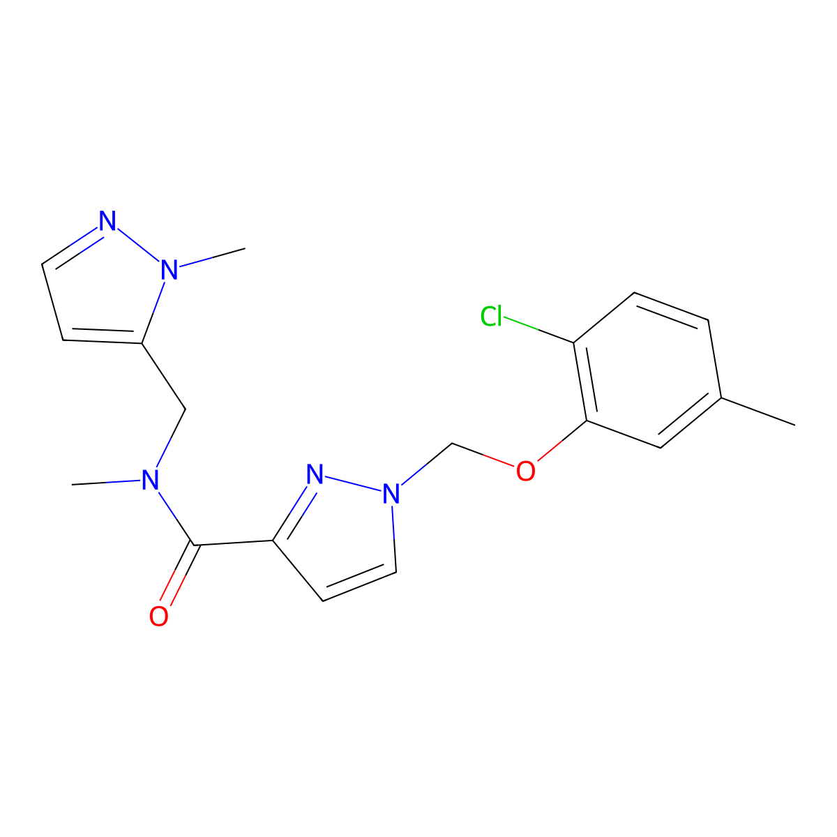 1-[(2-chloro-5-methylphenoxy)methyl]-N-methyl-N-[(2-methylpyrazol-3-yl)methyl]pyrazole-3-carboxamide molecular structure, CAS 1005652-29-8