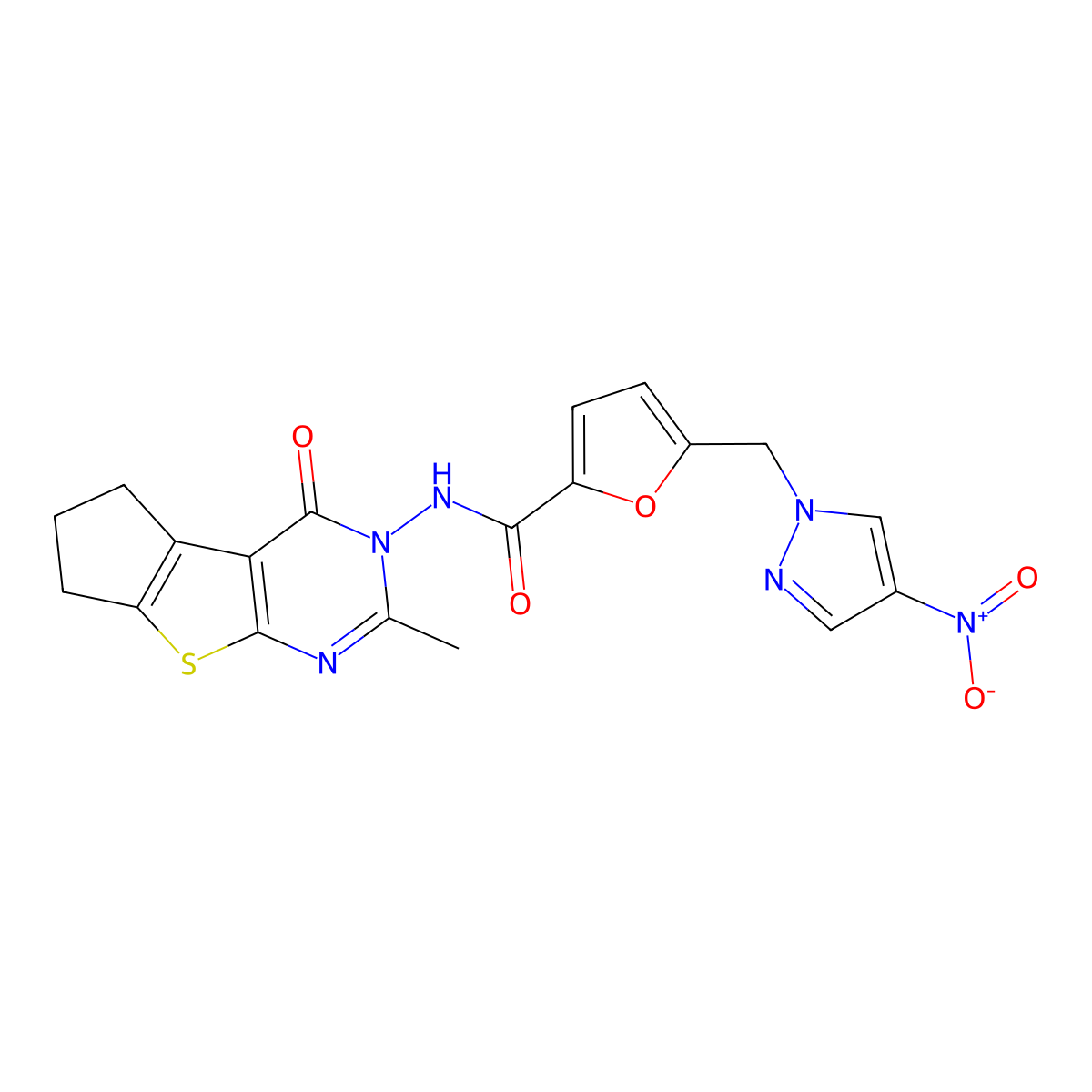 N-(3-methyl-1-oxo-7,8-dihydro-6H-cyclopenta[2,3]thieno[2,4-d]pyrimidin-2-yl)-5-[(4-nitropyrazol-1-yl)methyl]furan-2-carboxamide molecular structure, CAS 1005652-51-6
