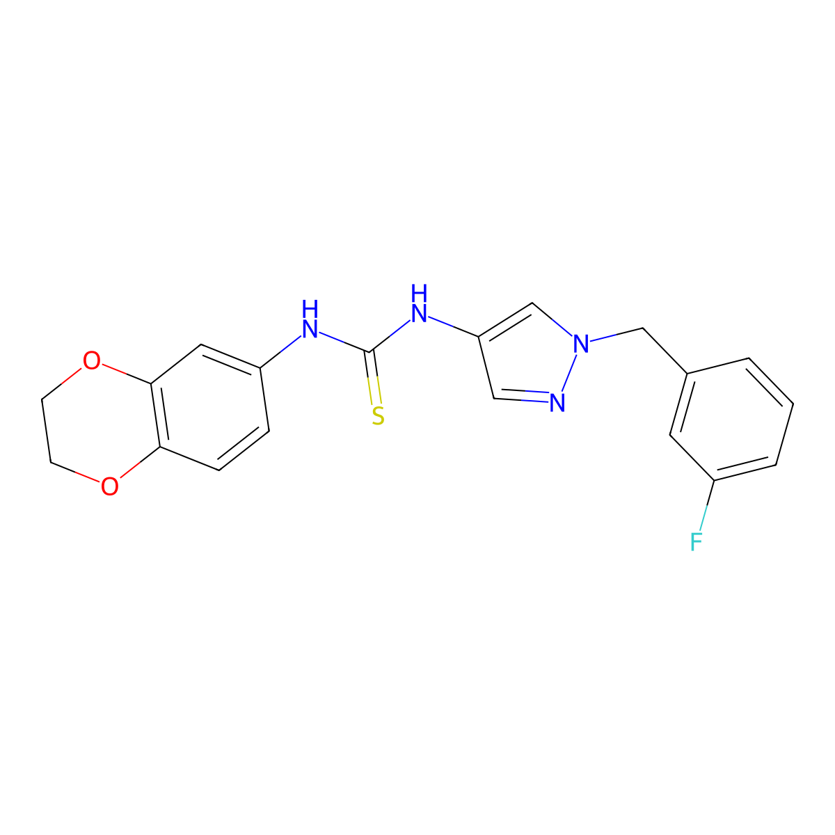 1-(2,3-Dihydro-1,4-benzodioxin-6-yl)-3-[1-[(3-fluorophenyl)methyl]pyrazol-4-yl]thiourea molecular structure, CAS 1005653-01-9