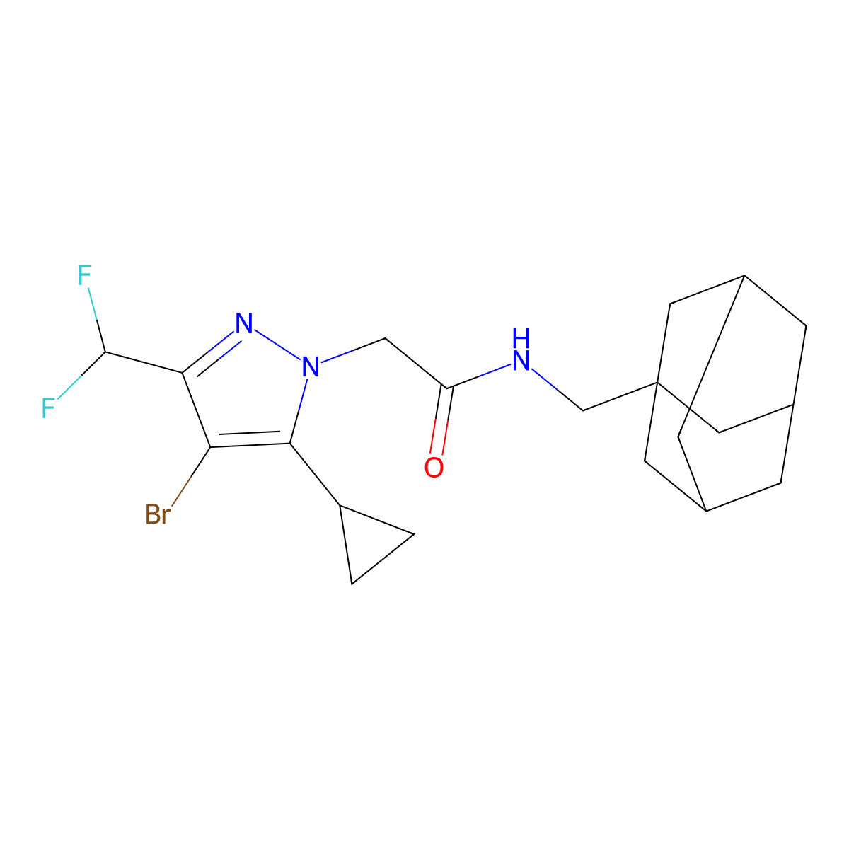 N-(1-adamantylmethyl)-2-[4-bromo-5-cyclopropyl-3-(difluoromethyl)pyrazol-1-yl]acetamide molecular structure, CAS 1005653-28-0
