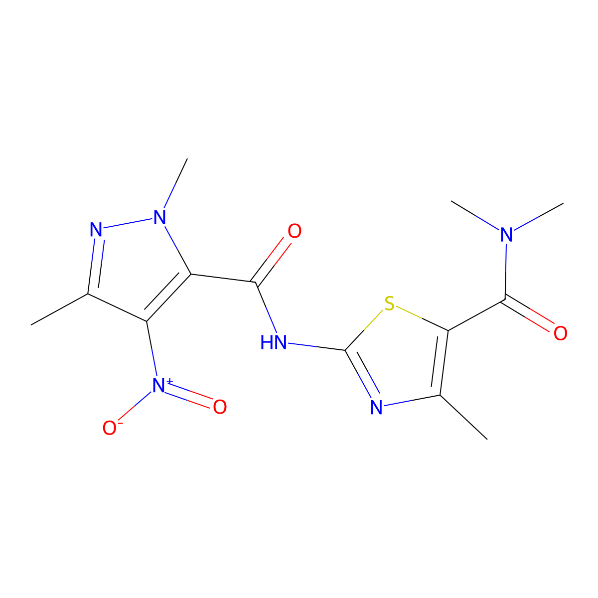 2-{[(1,3-dimethyl-4-nitro-1H-pyrazol-5-yl)carbonyl]amino}-N,N,4-trimethyl-1,3-thiazole-5-carboxamide molecular structure, CAS 1005653-30-4