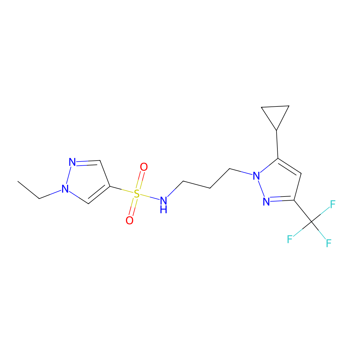 N-{3-[5-cyclopropyl-3-(trifluoromethyl)-1H-pyrazol-1-yl]propyl}-1-ethyl-1H-pyrazole-4-sulfonamide molecular structure, CAS 1005653-50-8