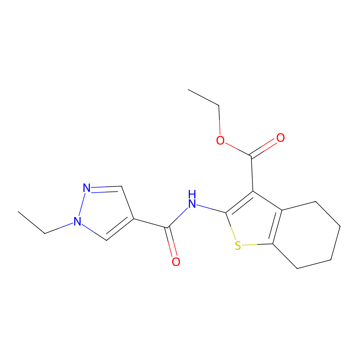 ethyl 2-{[(1-ethyl-1H-pyrazol-4-yl)carbonyl]amino}-4,5,6,7-tetrahydro-1-benzothiophene-3-carboxylate molecular structure, CAS 1005653-53-1