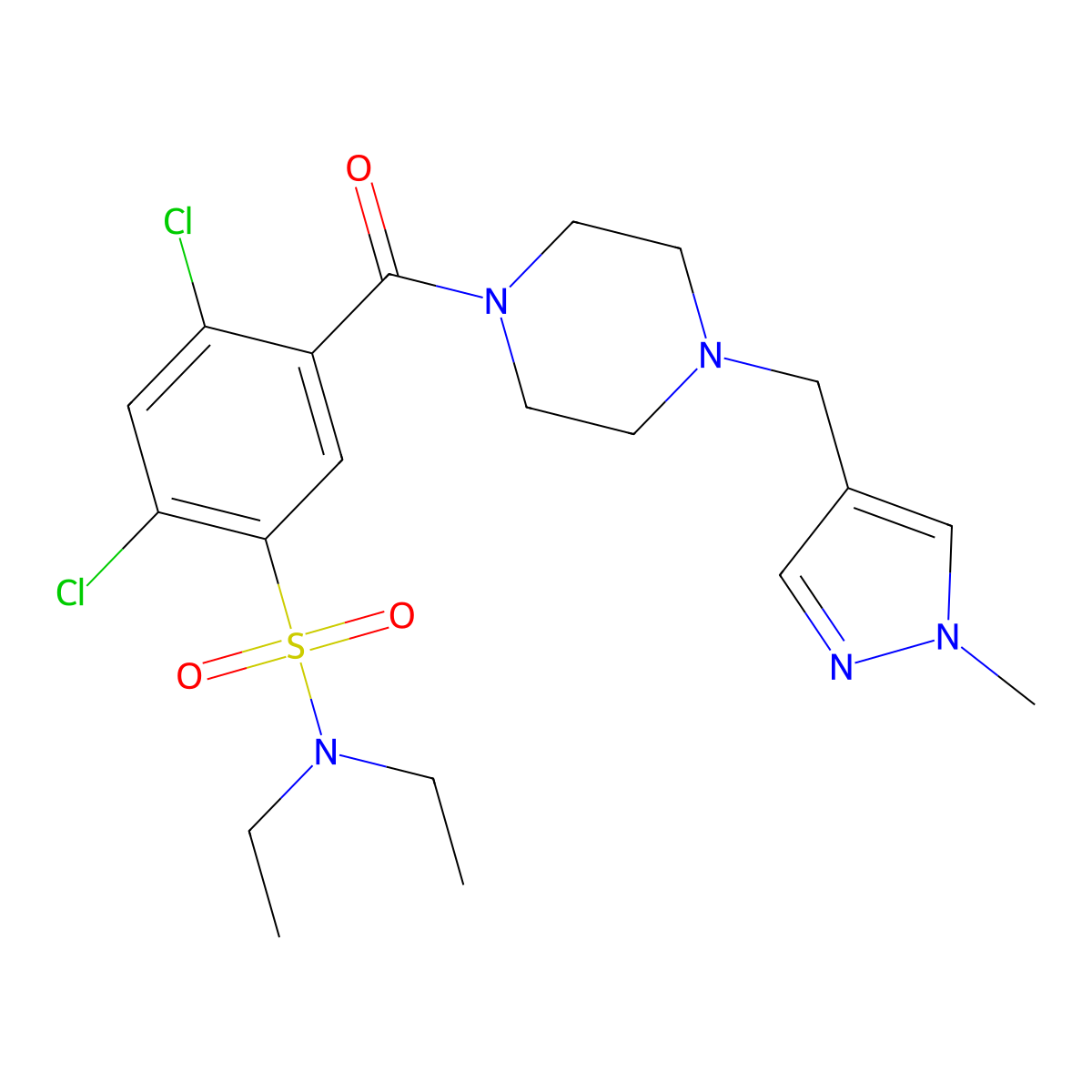 2,4-dichloro-N,N-diethyl-5-[4-[(1-methylpyrazol-4-yl)methyl]piperazine-1-carbonyl]benzenesulfonamide molecular structure, CAS 1005653-67-7