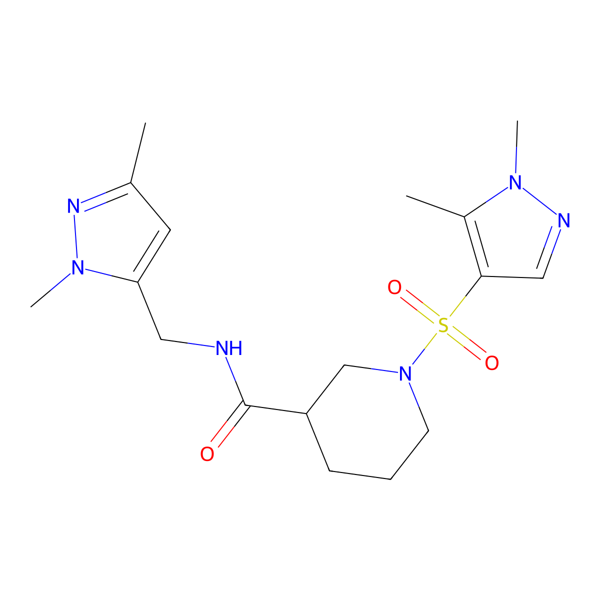 N-[(1,3-dimethyl-1H-pyrazol-5-yl)methyl]-1-[(1,5-dimethyl-1H-pyrazol-4-yl)sulfonyl]piperidine-3-carboxamide molecular structure, CAS 1005653-68-8