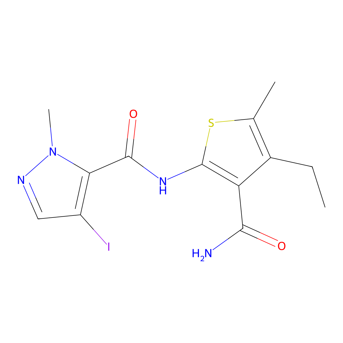 N-(3-carbamoyl-4-ethyl-5-methylthiophen-2-yl)-4-iodo-1-methyl-1H-pyrazole-5-carboxamide molecular structure, CAS 1005653-70-2