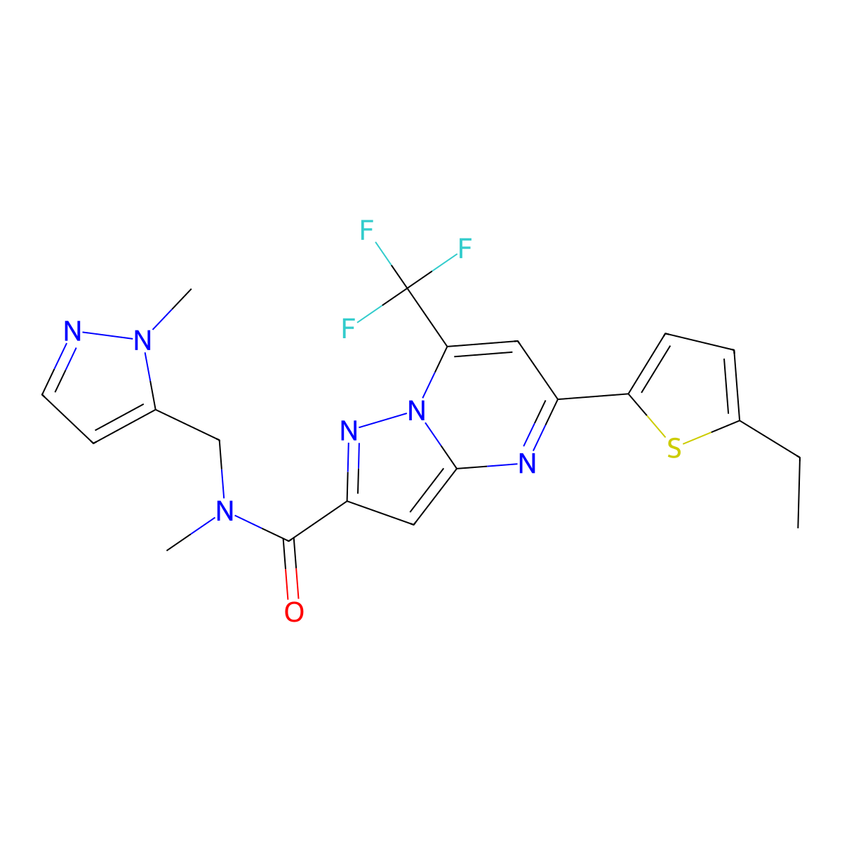 5-(5-ethylthiophen-2-yl)-N-methyl-N-[(1-methyl-1H-pyrazol-5-yl)methyl]-7-(trifluoromethyl)pyrazolo[1,5-a]pyrimidine-2-carboxamide molecular structure, CAS 1005653-75-7